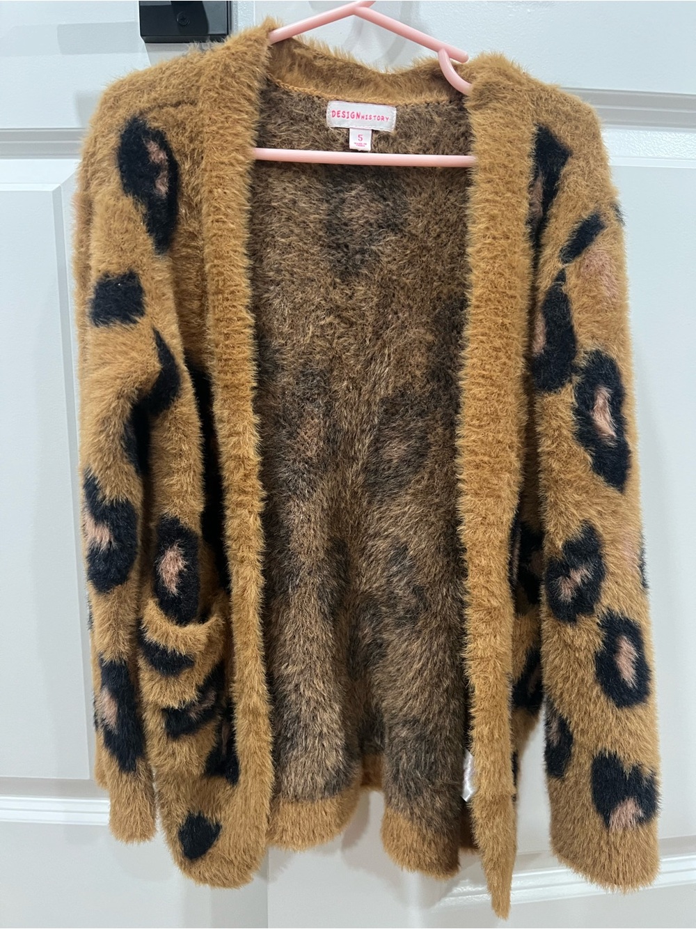 Design History Brown Leopard Fuzzy Open Cardigan